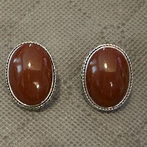 Vintage Carmelian Bead Earrings with Silver Metal Border Decor